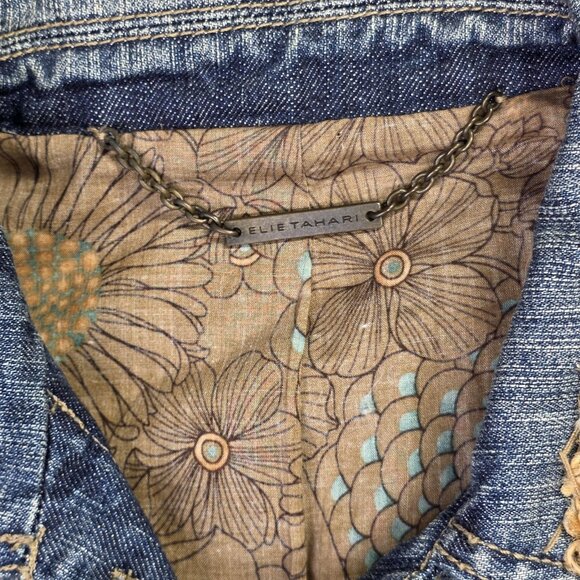 Elie Tahari Denim Jean Jacket Women Small Blue Distressed Embellished Lined Boho - Picture 3 of 13